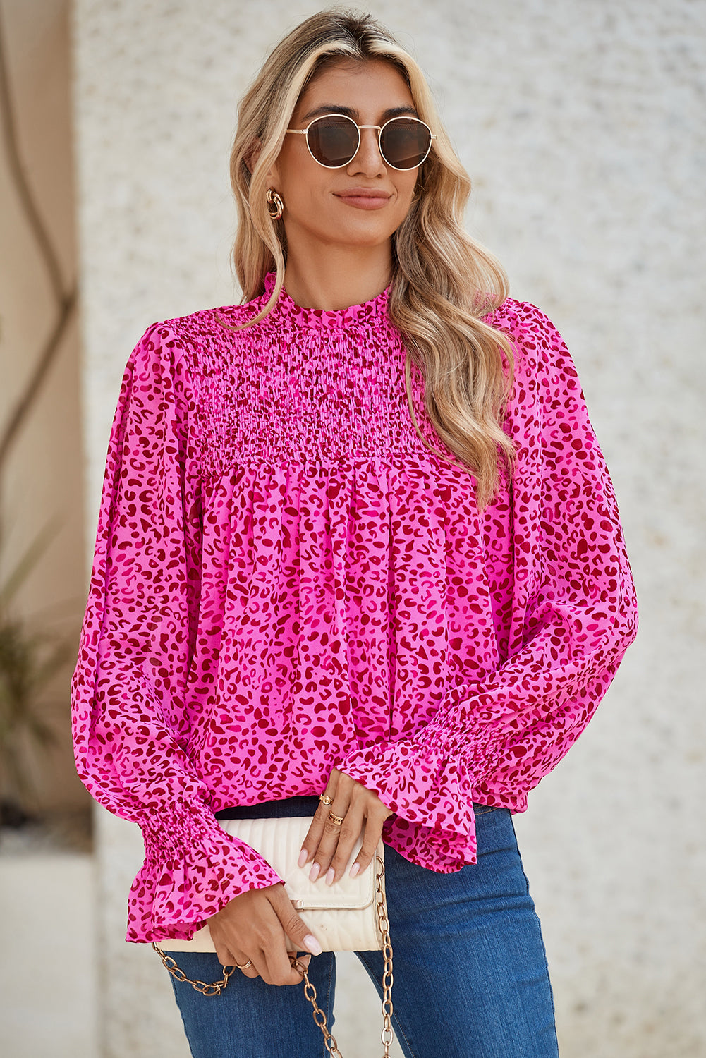 Rose Leopard Shirred Puff Sleeve Flowy Blouse Blouses a40b08b7809098c3
