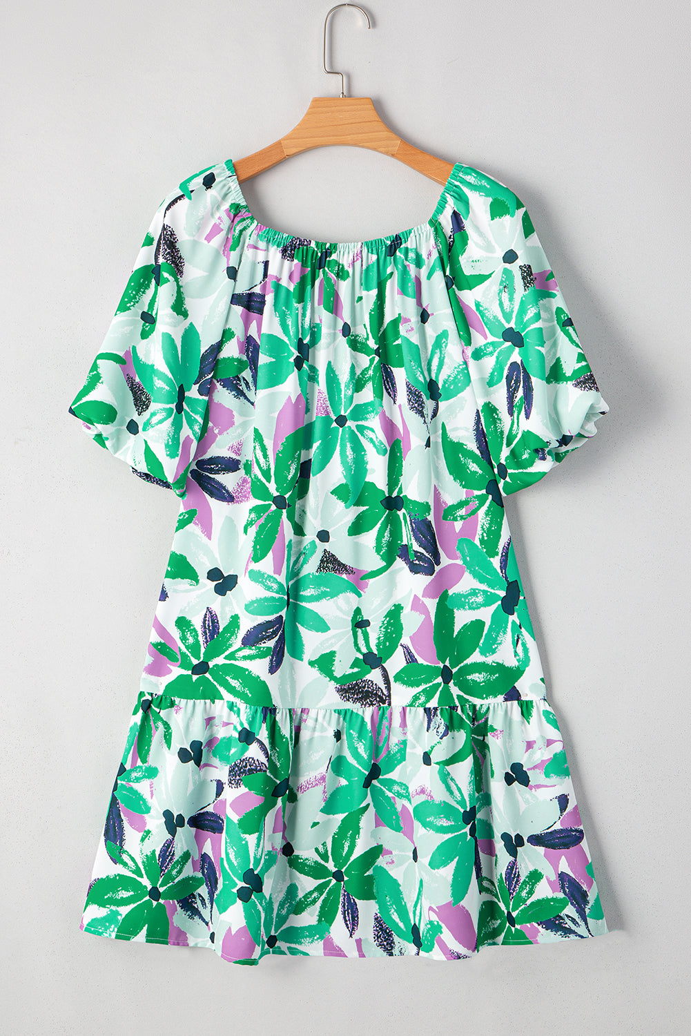 Green Floral Print Shirred Square Neck Loose Fit Mini Dress Short Dresses a420fa7493e76306