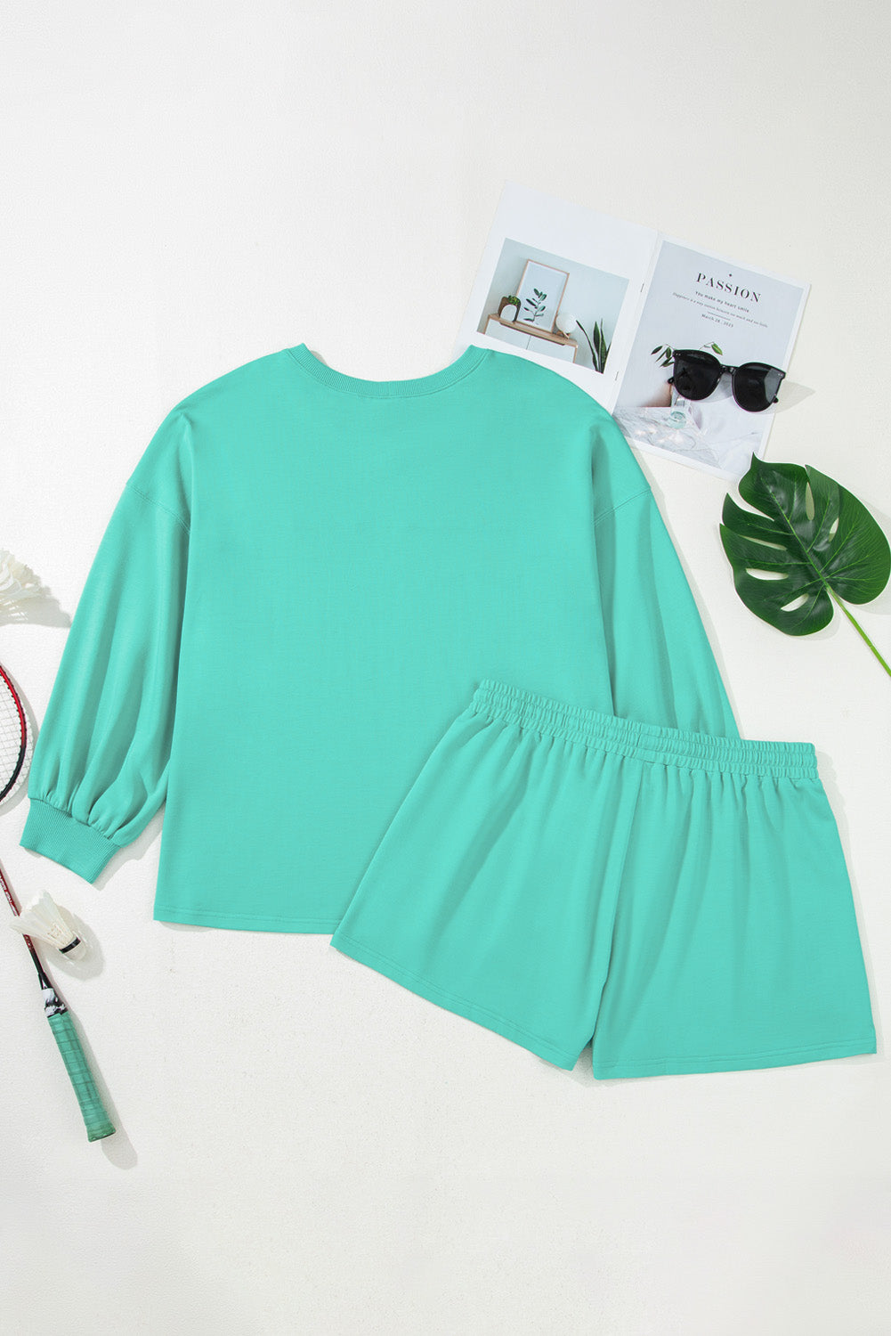 Sea Green Solid Color Plus Size Pullover and Loose Shorts Set Plus Size Matching Sets a427139b47971dfe