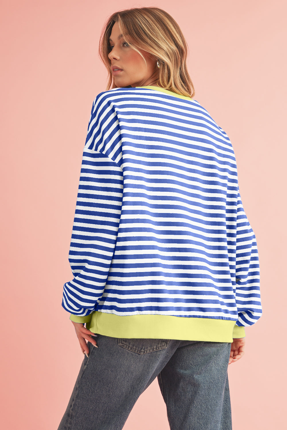 Blue Stripe Contrast Edge Cross Seam Oversized Pullover Sweatshirts & Hoodies a430fa300c886b79