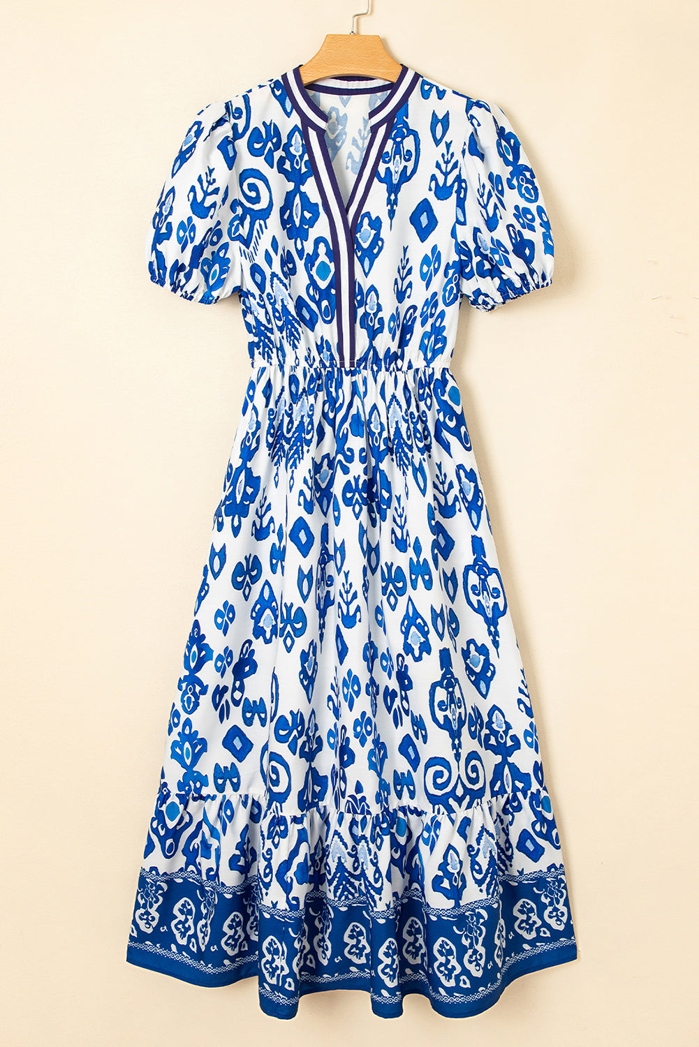 Blue Floral Ruffle Hem Pop of Color Neckline Dress Midi Dresses a48dbb2f81a2ff1a