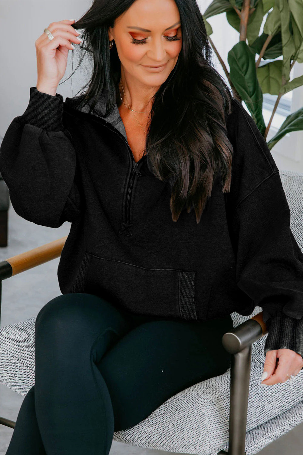 Black Half Zip Kangaroo Pocket Mineral Wash Baggy Hoodie Sweatshirts & Hoodies a5703bf3878dd20d