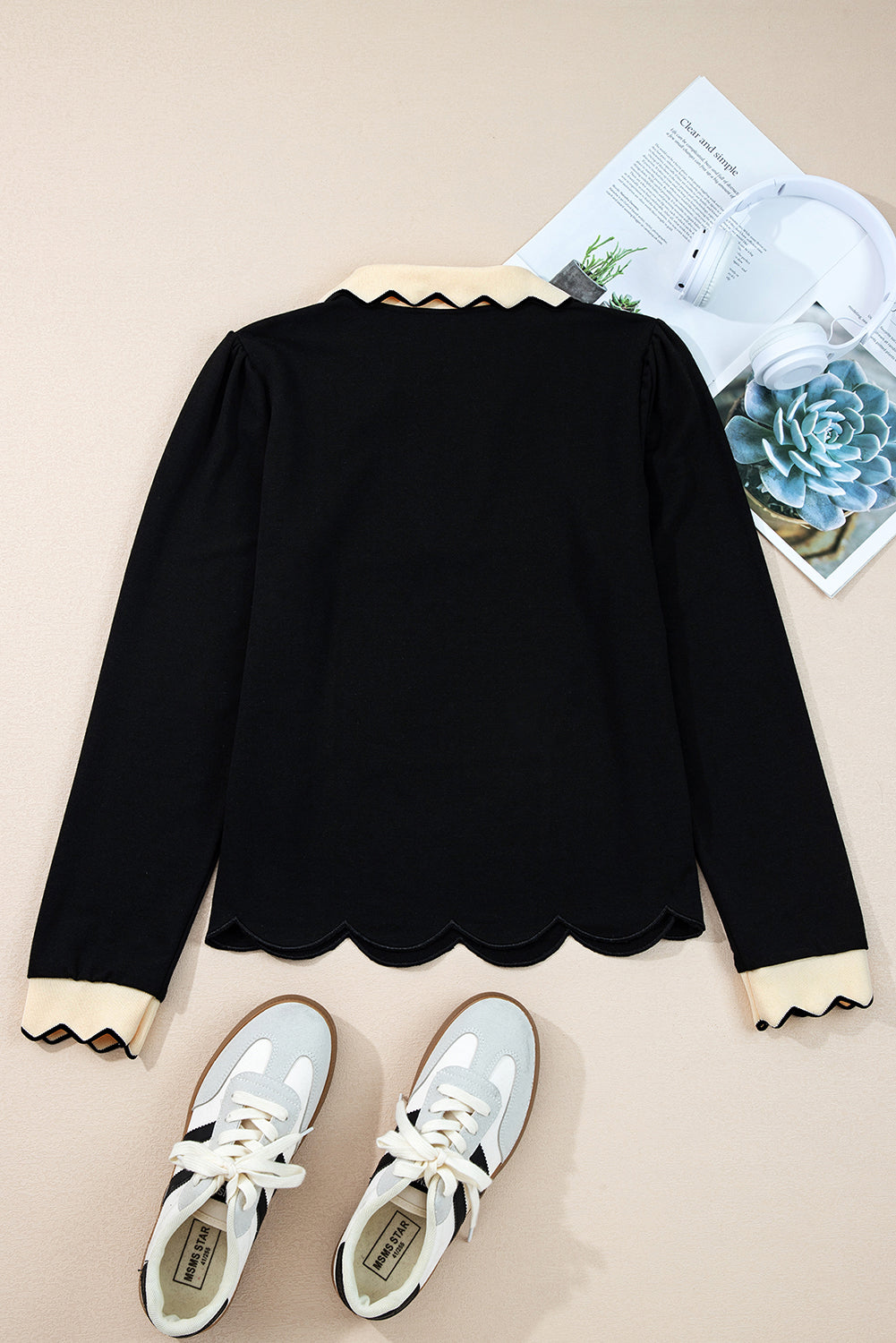 Black Scallop Trim Colorblock Long Sleeve Collared Top Long Sleeve Tops a573e73d781f3632