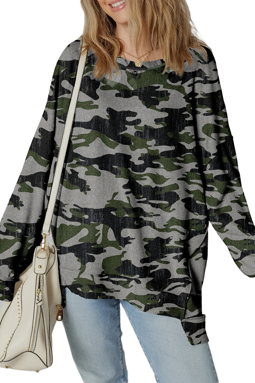 Green Camouflage Print Exposed Seam Drop Shoulder Sweatshirt Sweatshirts & Hoodies a5c20e017640ac34
