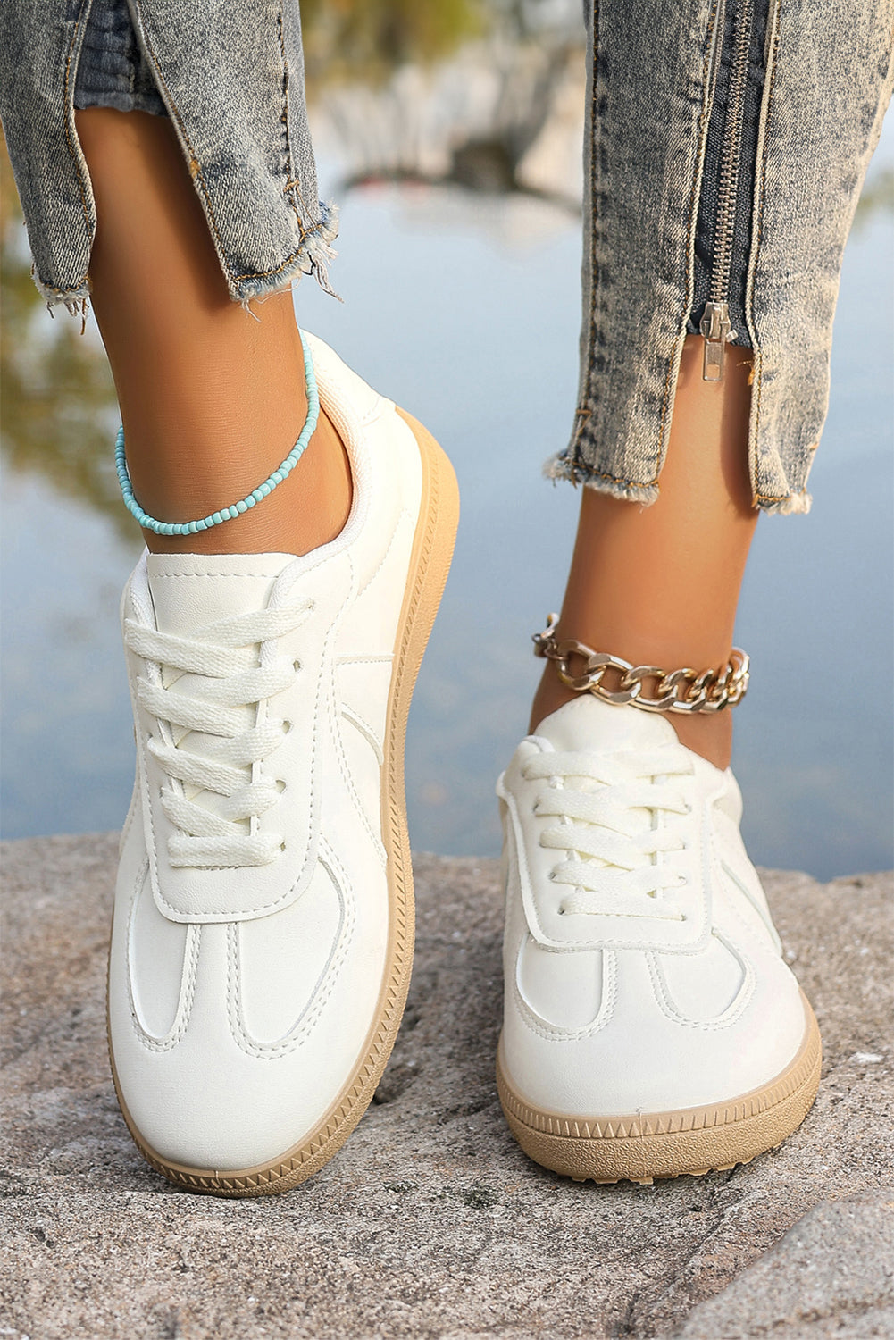 White Faux Leather Lace Up Flat Sneakers Sneakers a637a73c7d542217