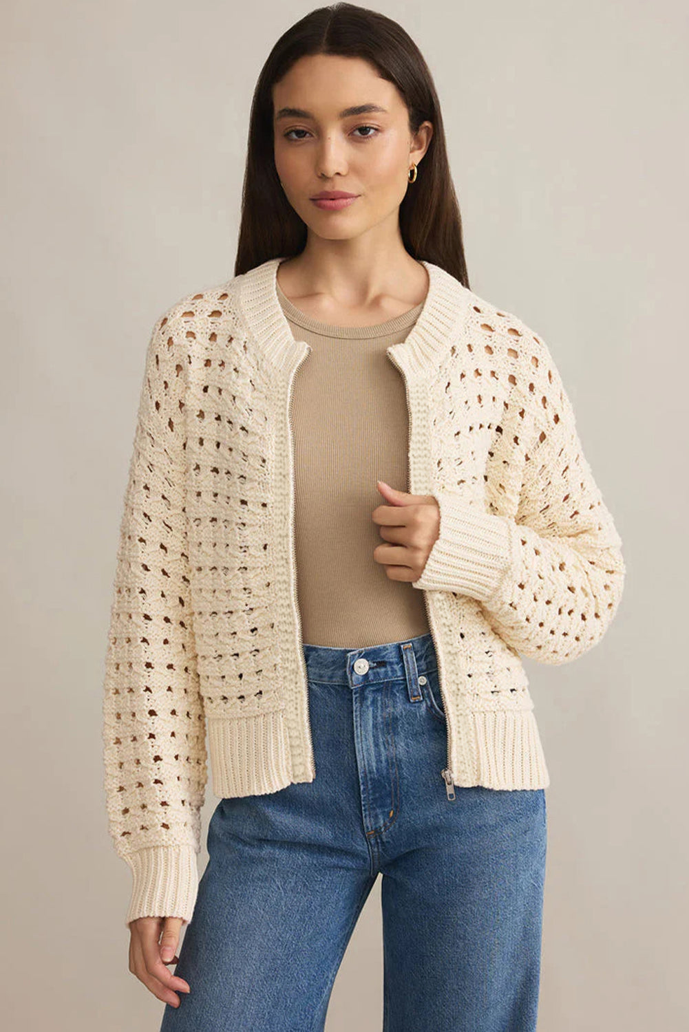 Beige Hollowed Pattern Knit Zip Up Drop Shoulder Cardigan Cardigans a63cb941b5fb90e3