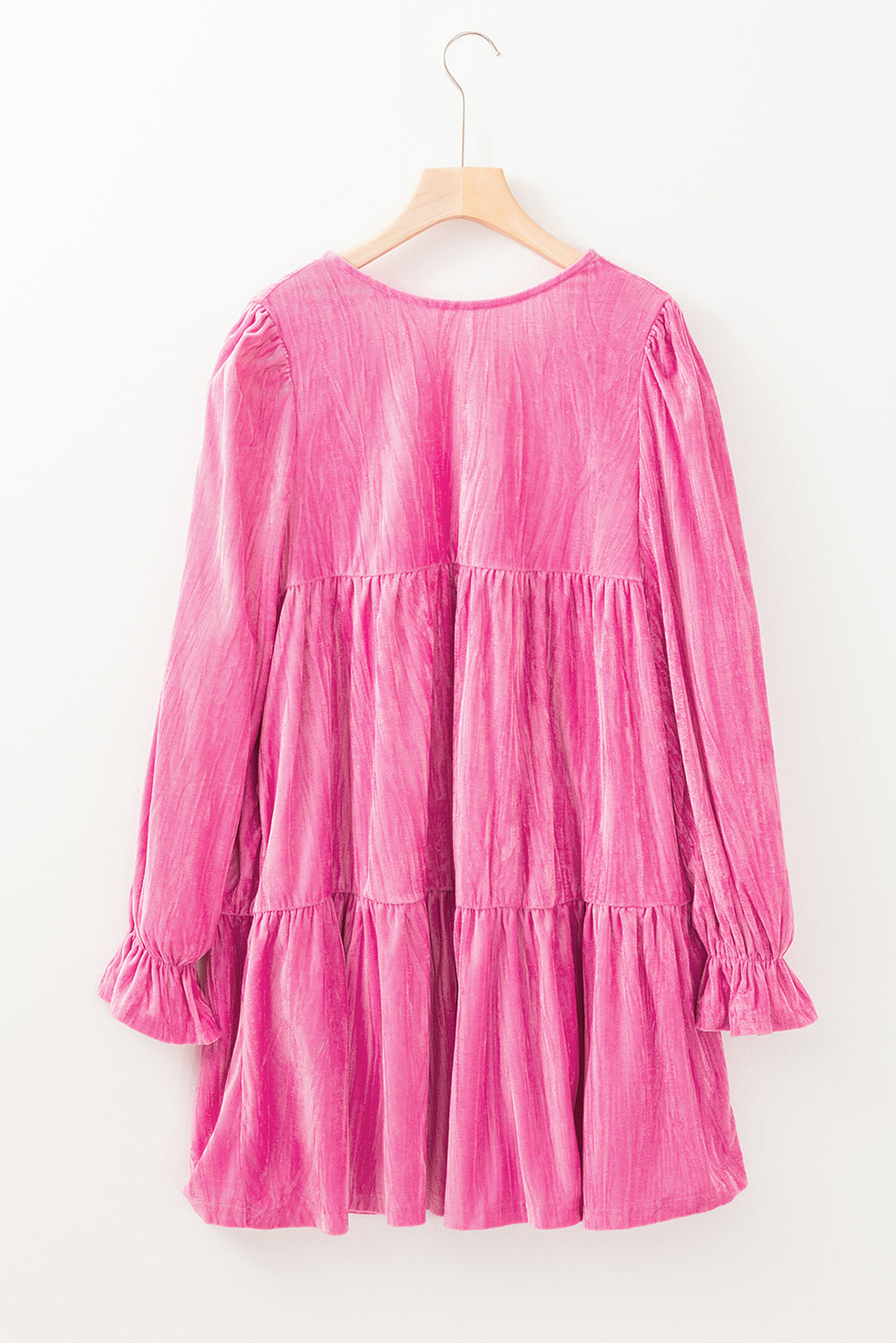 Strawberry Pink Flounce Sleeve Tiered Ruffled Velvet Mini Dress Short Dresses a65cd309068523a0