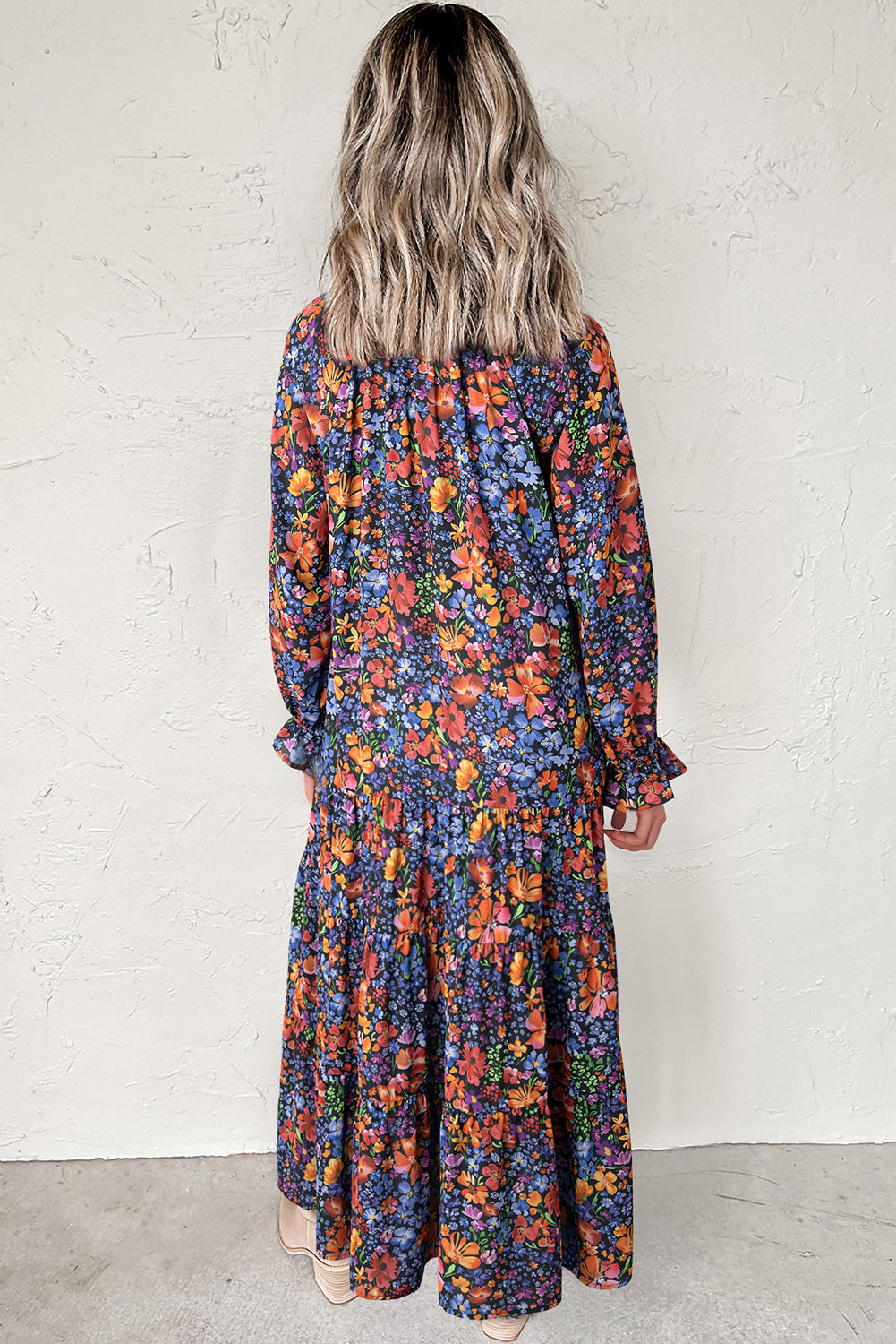 Blue Floral Print V Neck Long Sleeve Flowy Maxi Dress Maxi Dresses a6a6494a400c614f