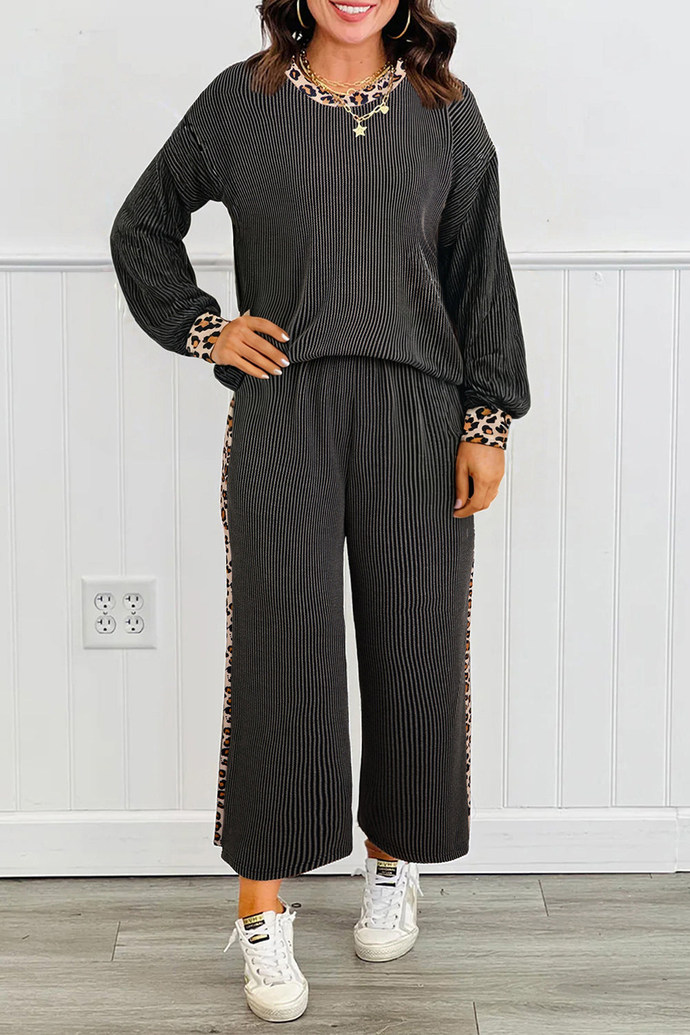 Carbon Grey Twisted Rib Leopard Patchwork Detail 2pcs Pants Set Two Piece Pants Sets a6e30ea35522d6e6