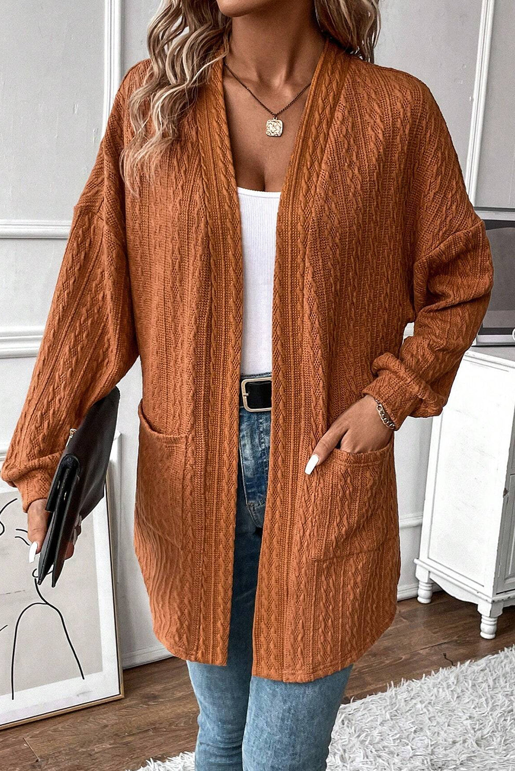 Chestnut Textured Knit Side Pockets Open Front Cardigan Cardigans a75098e66dd2bc6c