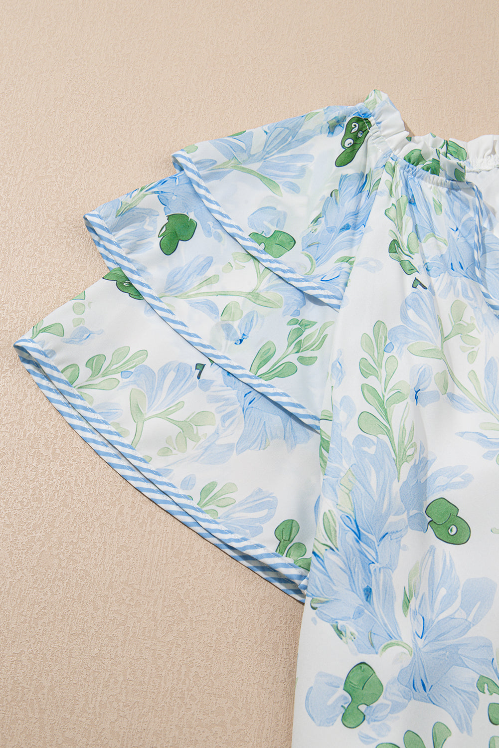 Sky Blue Floral Contrast Edge Ruffle Sleeve Tie Neck Mini Dress Short Dresses a75bd771606ff98e