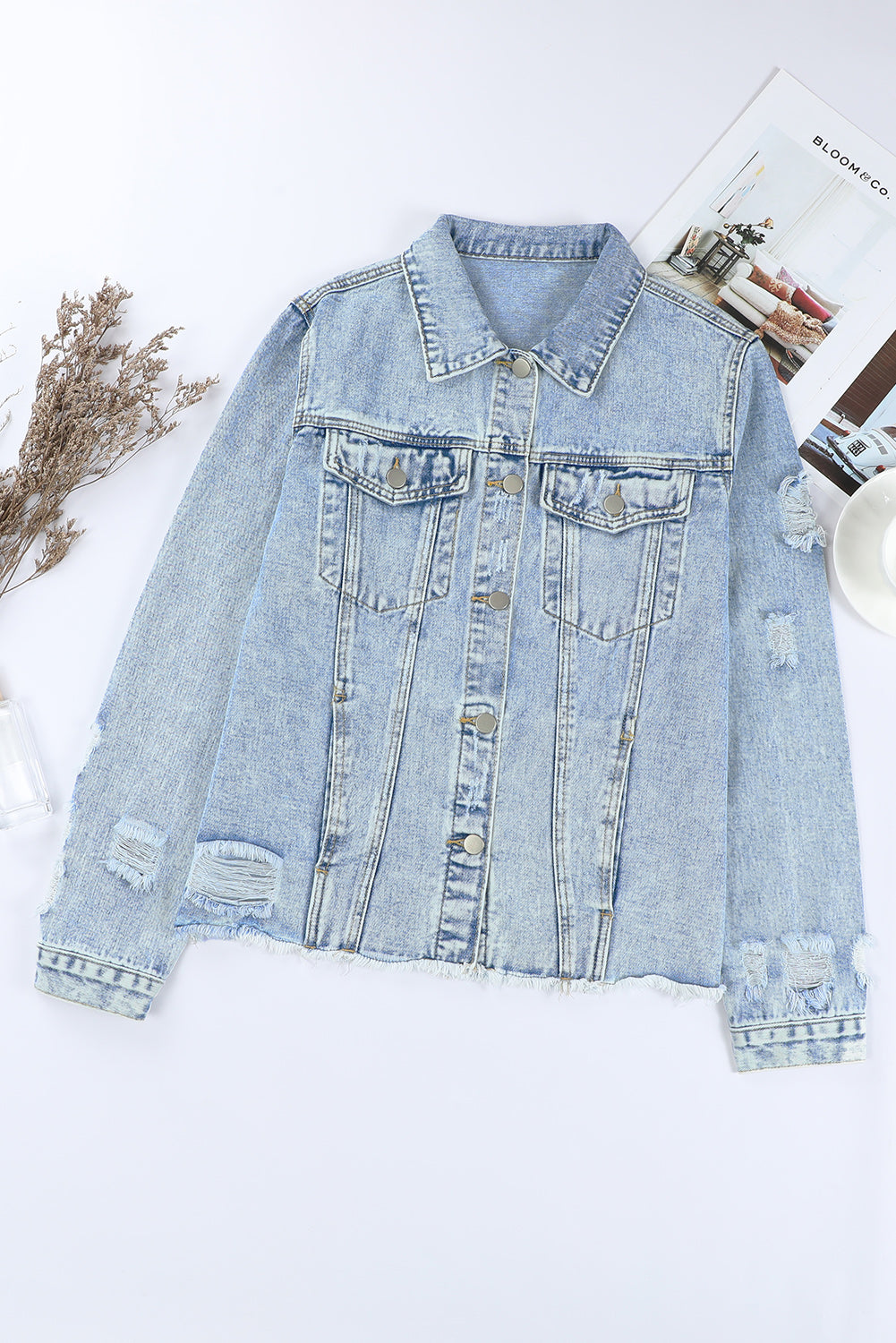 Light Blue Distressed Ripped Raw Hem Buttons Denim Jacket Jackets a7be456583645ef1