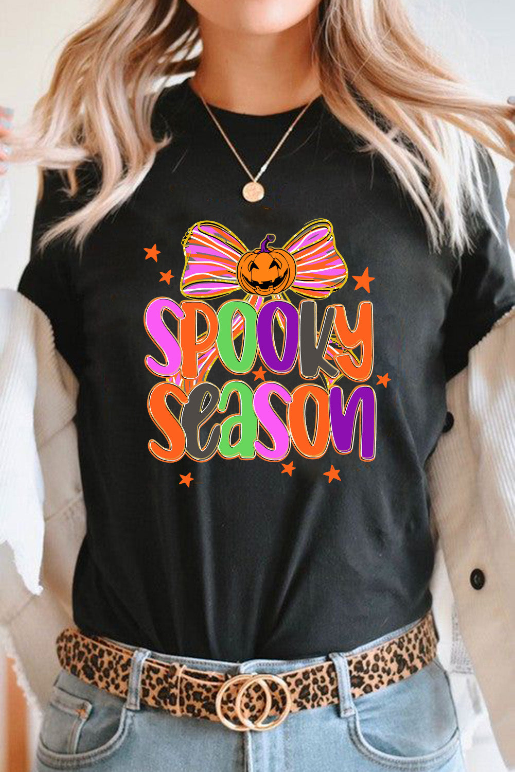Black SPOOKY SEASON Halloween Pumpkin Bow Heat Transfer Printing T Shirt Graphic Tees a7e5bde883358c2f