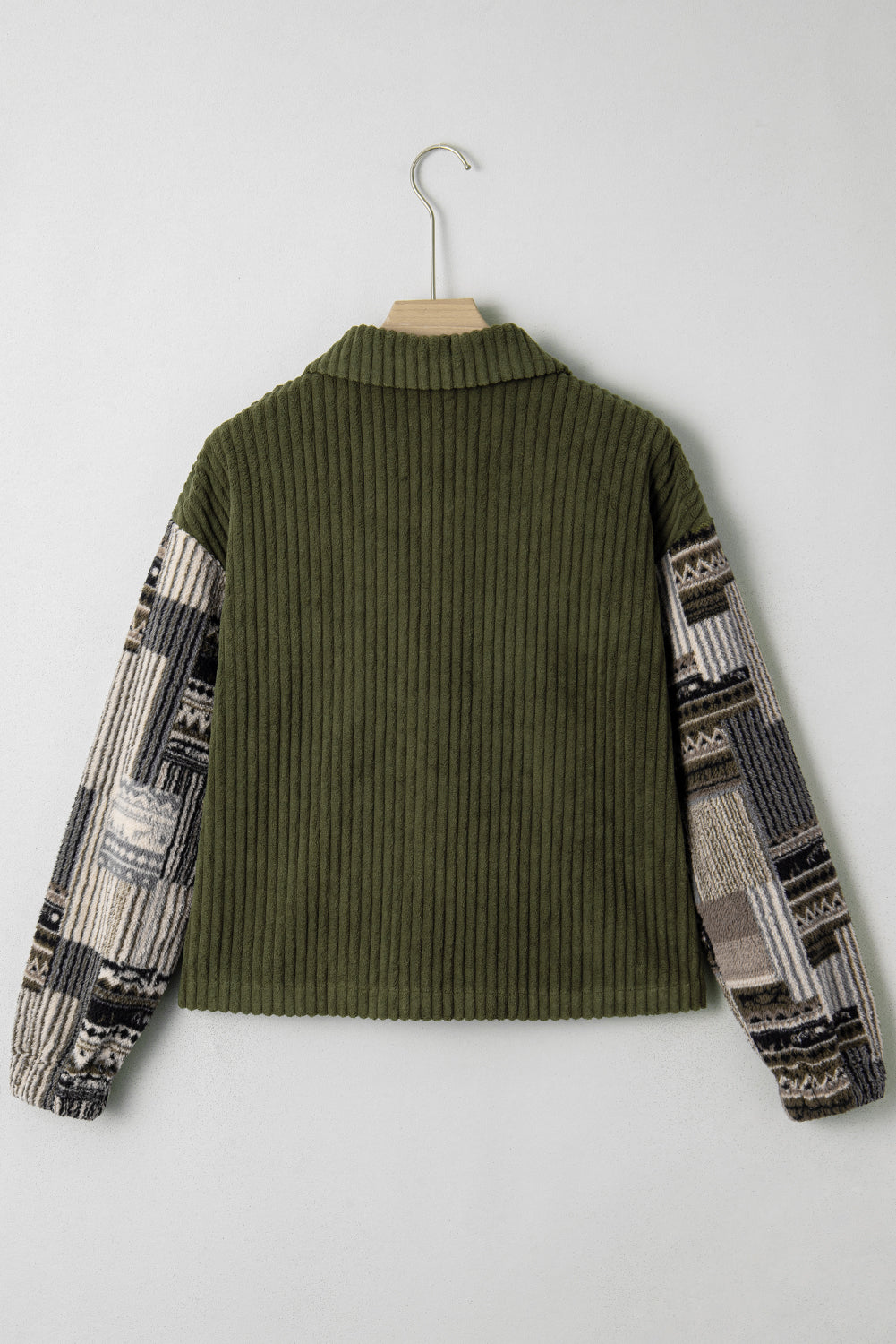 Jungle Green Ribbed Fleece Plaid Print Patchwork Button Up Jacket Jackets a8083bdddc5cad40