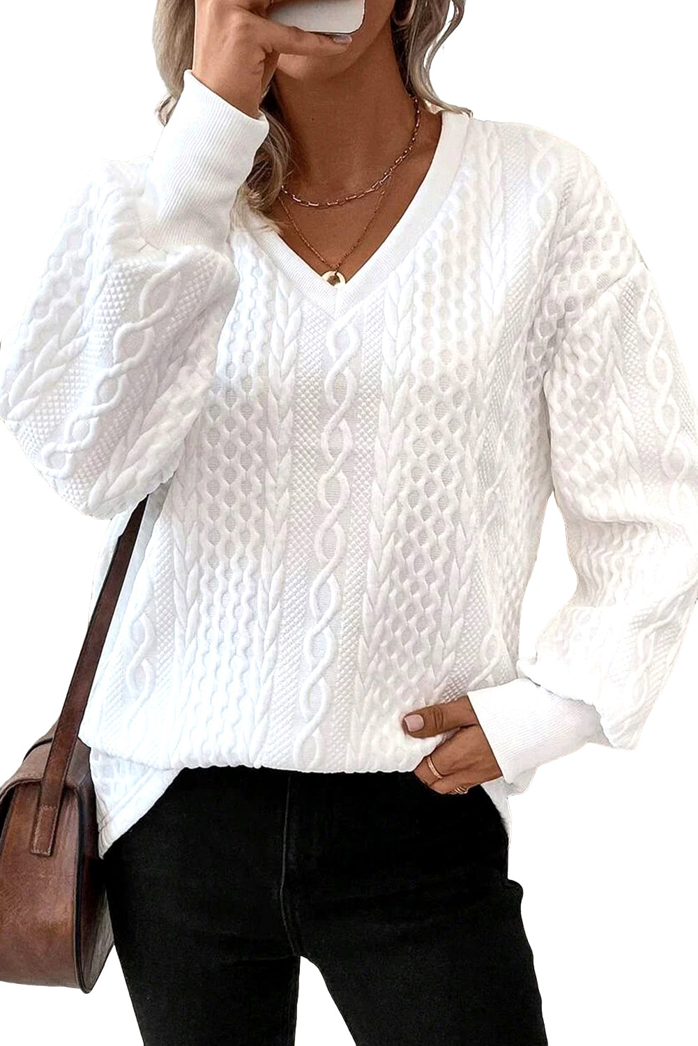 White Plain V-Neck Oversized Long Sleeve Textured Top Long Sleeve Tops a86d37b4f1a4d97e