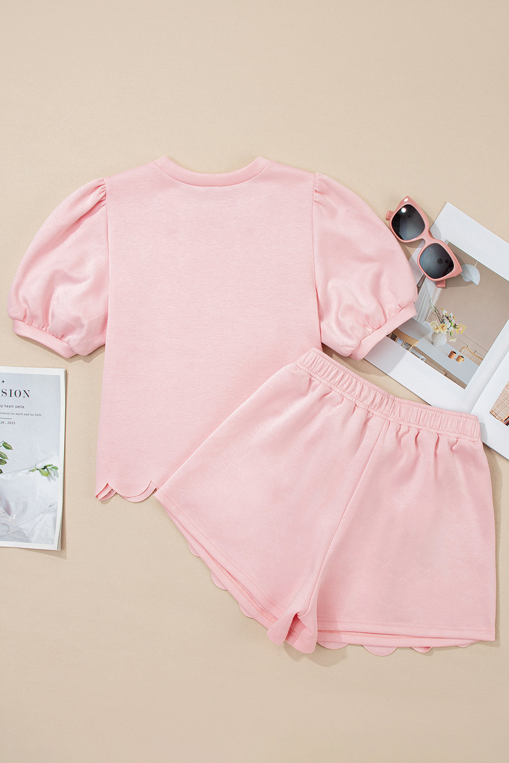 Beau Blue Puff Sleeve Pearl Embellished Scallop Hem 2-Piece Shorts Set Two Piece Shorts Sets a8bfce8d18083edd