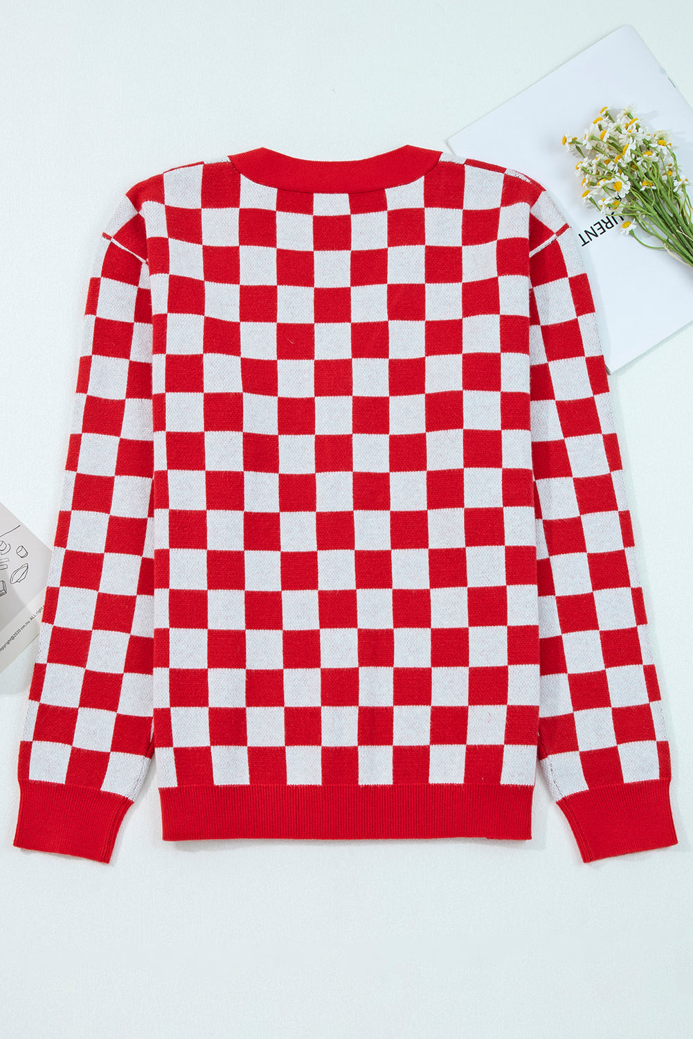 Red Checkered Christmas Tree Pattern Button V Neck Knit Cardigan Cardigans a91623acf1ad549d
