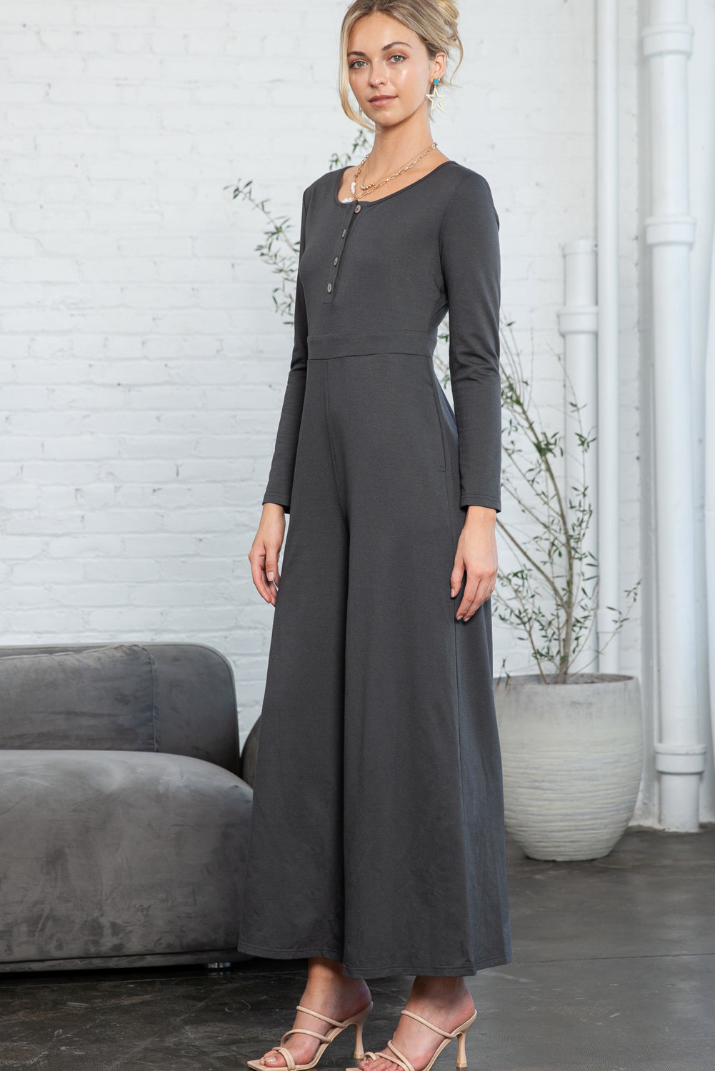 Dark Grey Henley Long Sleeve Wide Leg Jumpsuit with Pockets Jumpsuits a931766732aafefc