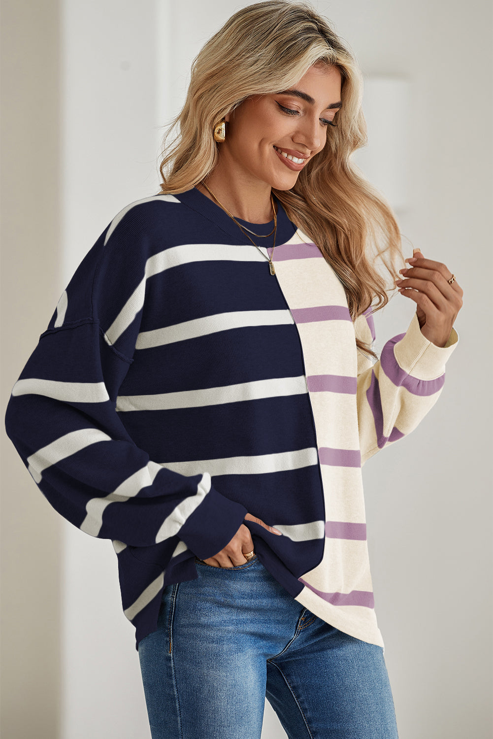 Blue Stripe Exposed Seam Patchwork Loose Sweater Sweaters a93577b3b6ac666a