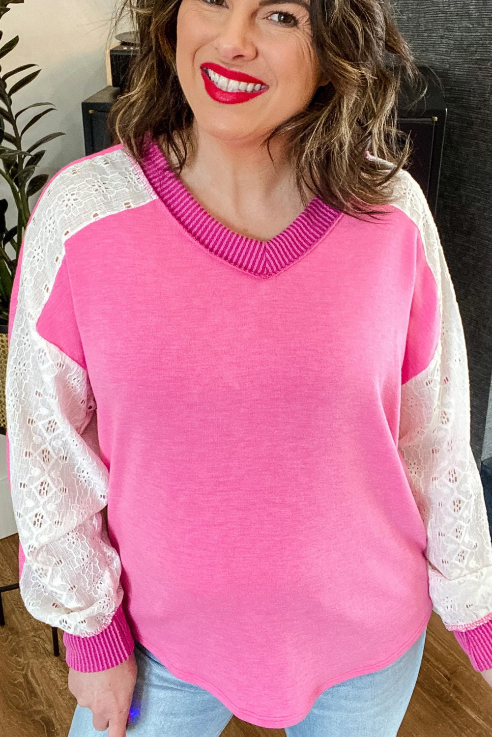 Bonbon Lace Patchwork Corded Trim Plus Size Long Sleeve Top Plus Size Tops a957ac6d66b34552