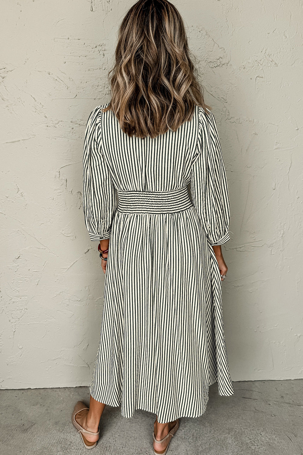 Black Striped V Neck Zip Front Cinched High Waist Midi Dress Midi Dresses a95e07770ef495a5