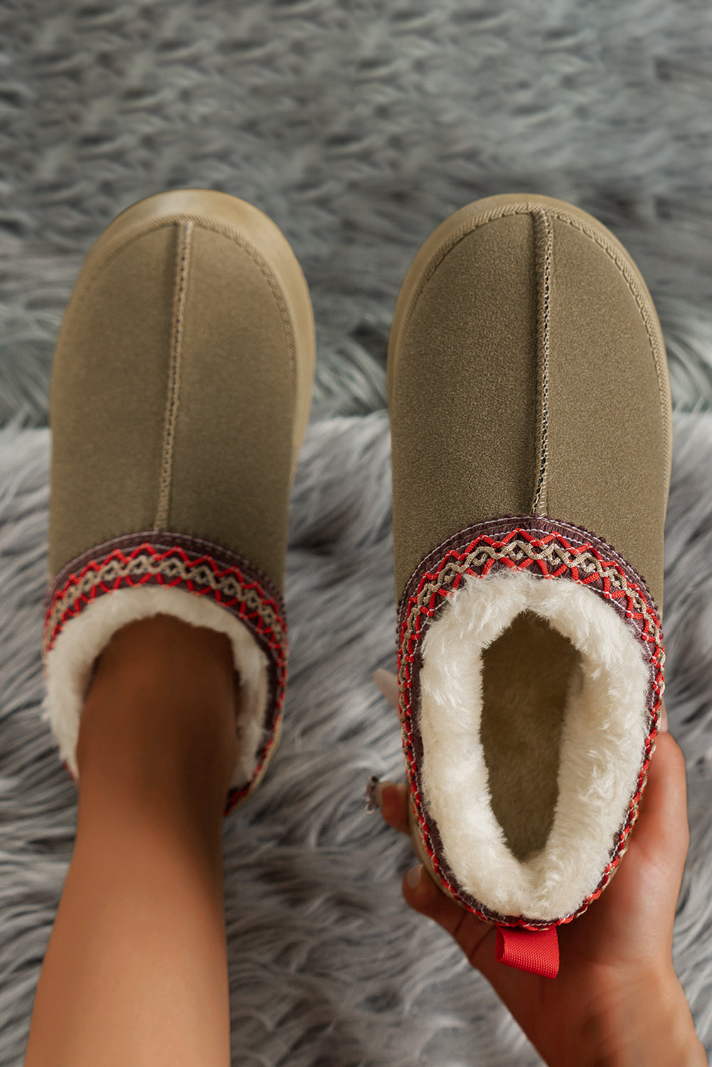 Chestnut Suede Contrast Print Round Toe Plush Lined Flats Slides Shoes + Flip Flops a96bcb21a893c4e2