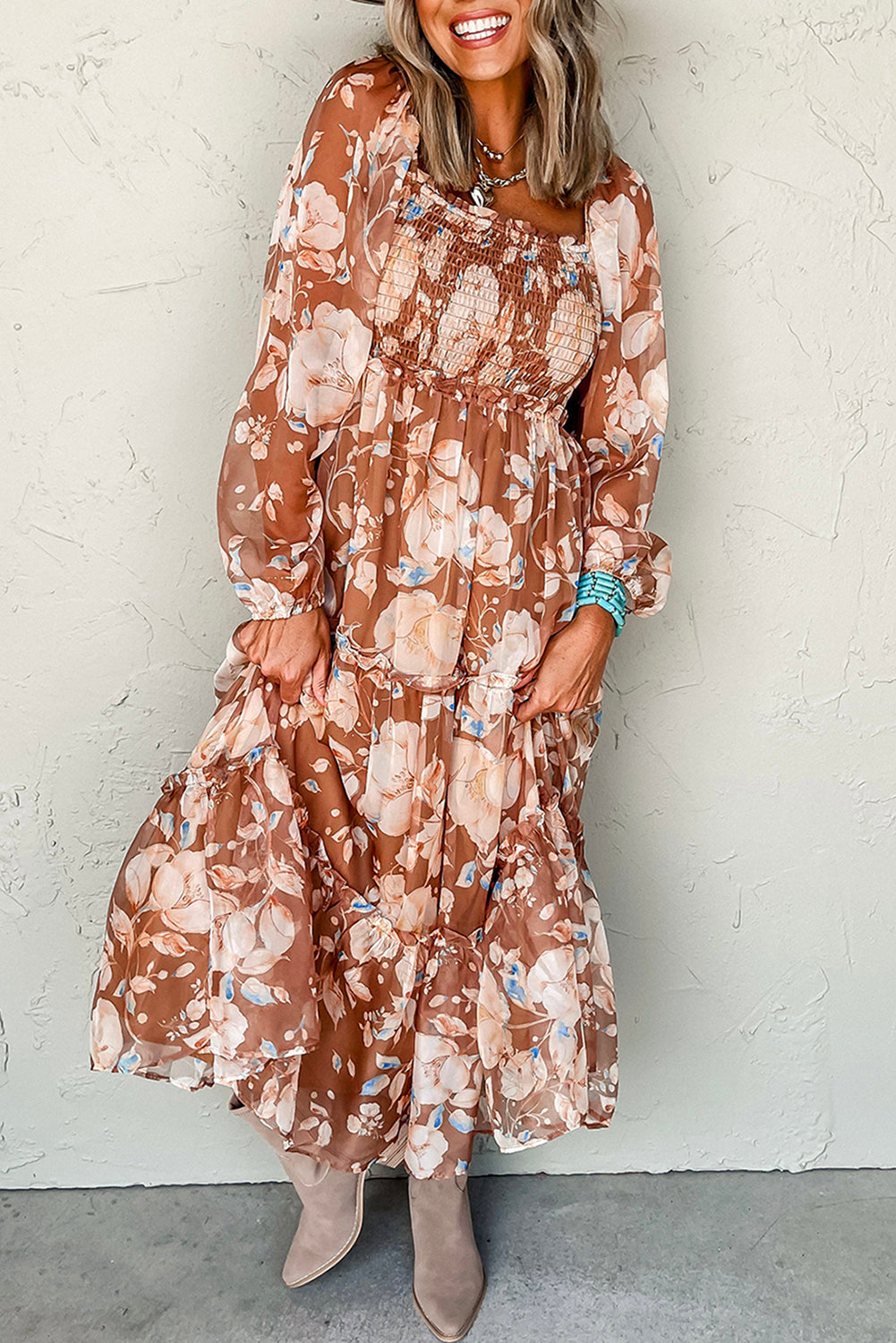 Brown Floral Print Shirred Square Neck High Waist Maxi Dress Maxi Dresses a96f2087703faef2