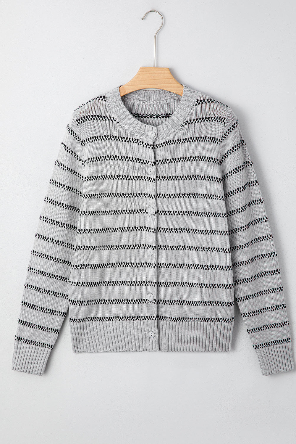 Gray Stripe Button Front Ribbed Trim Short Cardigan Cardigans a9d0b4a52103ac1f