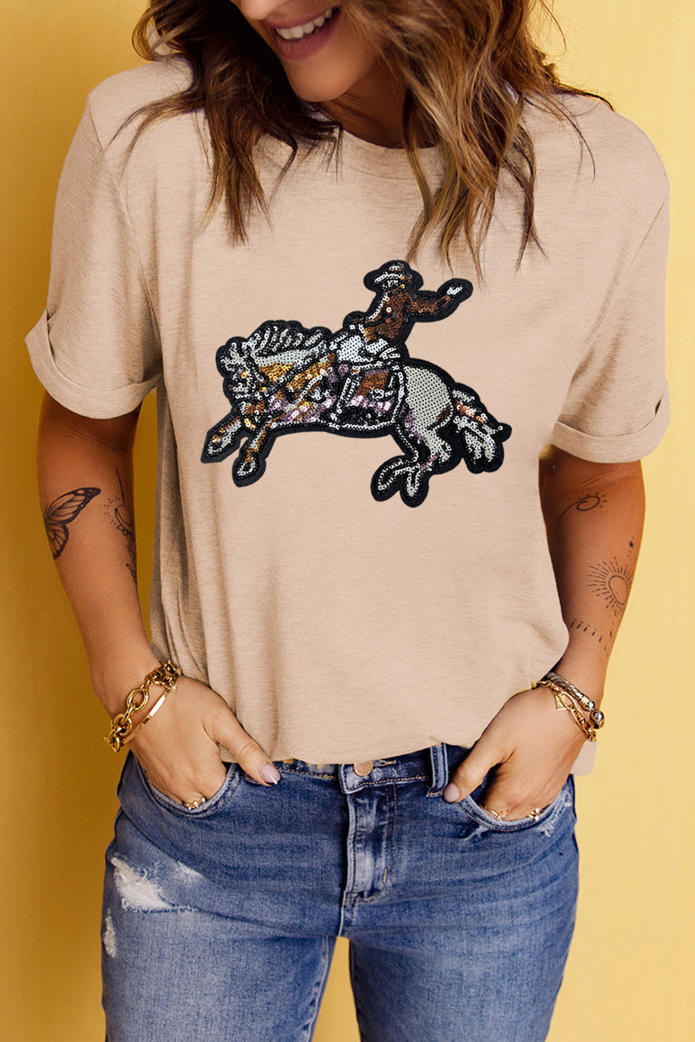 Khaki Rodeo Sequins Patch Graphic Crewneck Tee Graphic Tees a9f3c7e1a742c21b