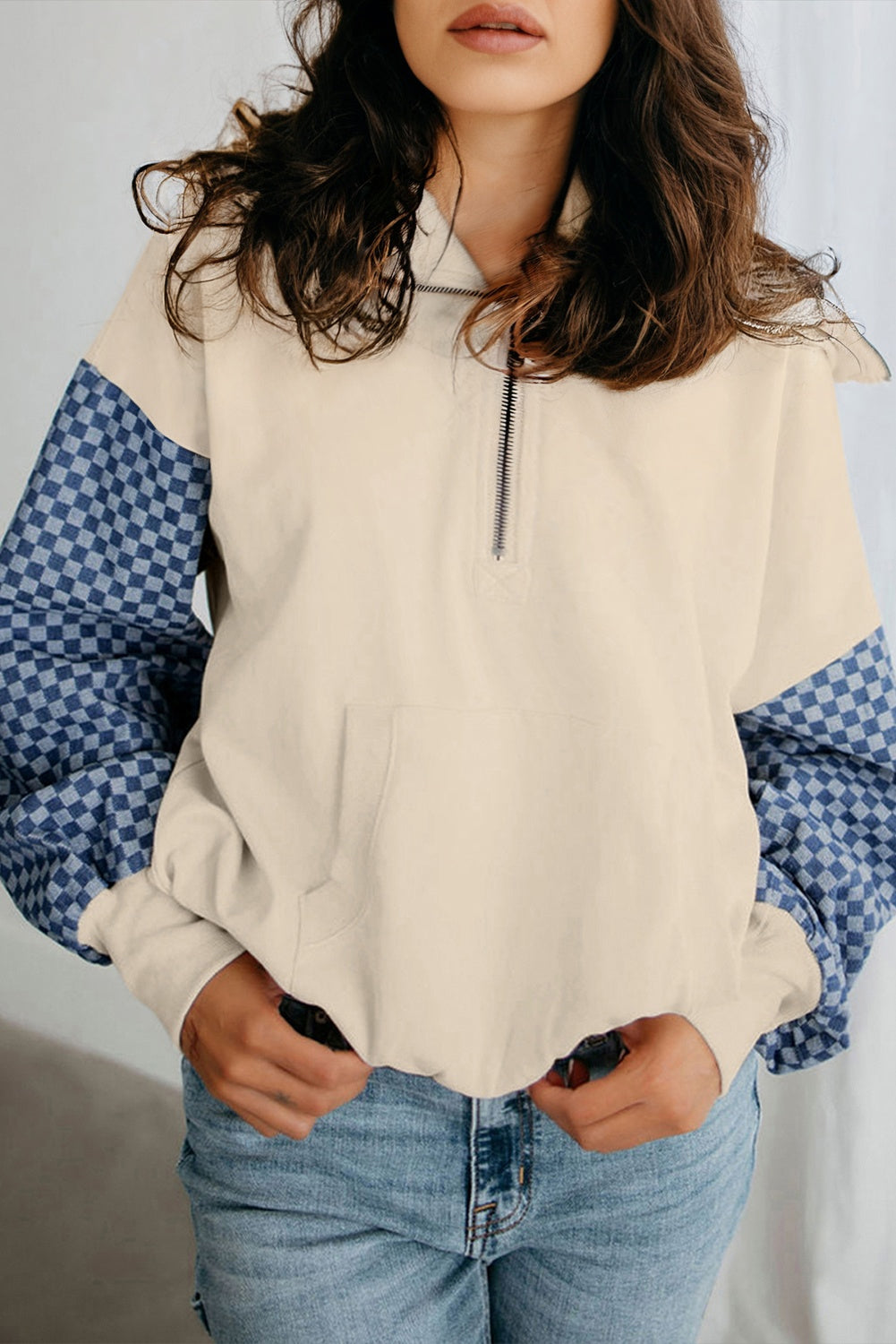 Parchment Checkered Patchwork Kangaroo Pocket Half Zipper Hoodie Sweatshirts & Hoodies aa08b93b7f9b2fd7