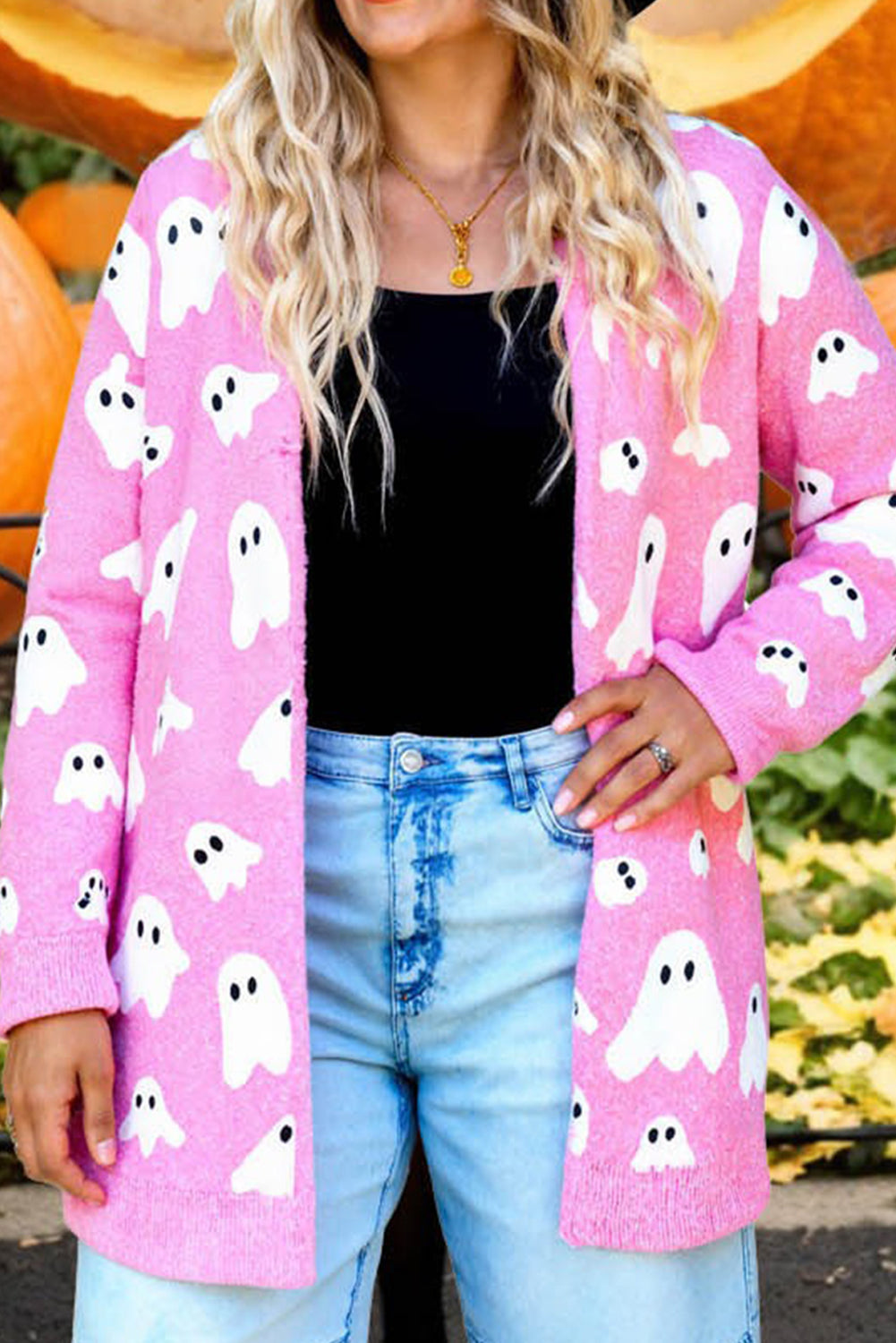 Black Halloween Plaid Ghost Pattern Mid length Knitted Cardigan Cardigans aa66234fdf00bd91