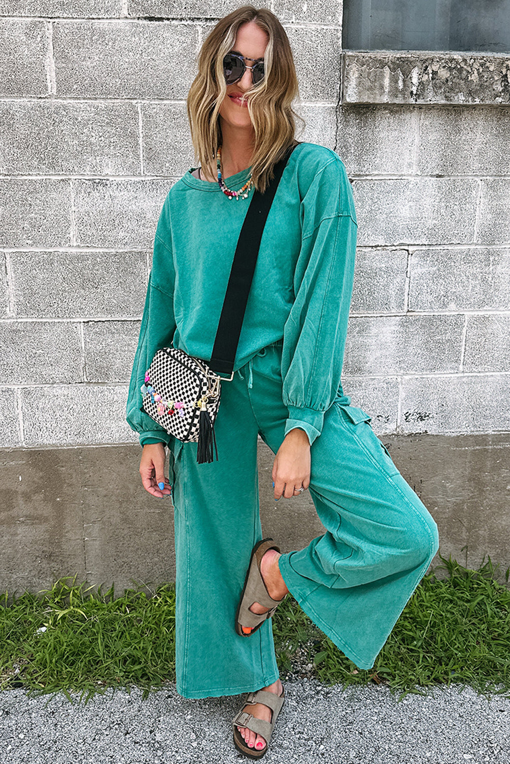 Lapis Mineral Wash Pullover and Wide Leg Cargo Pants Set Two Piece Pants Sets aa753dc4a07b698a