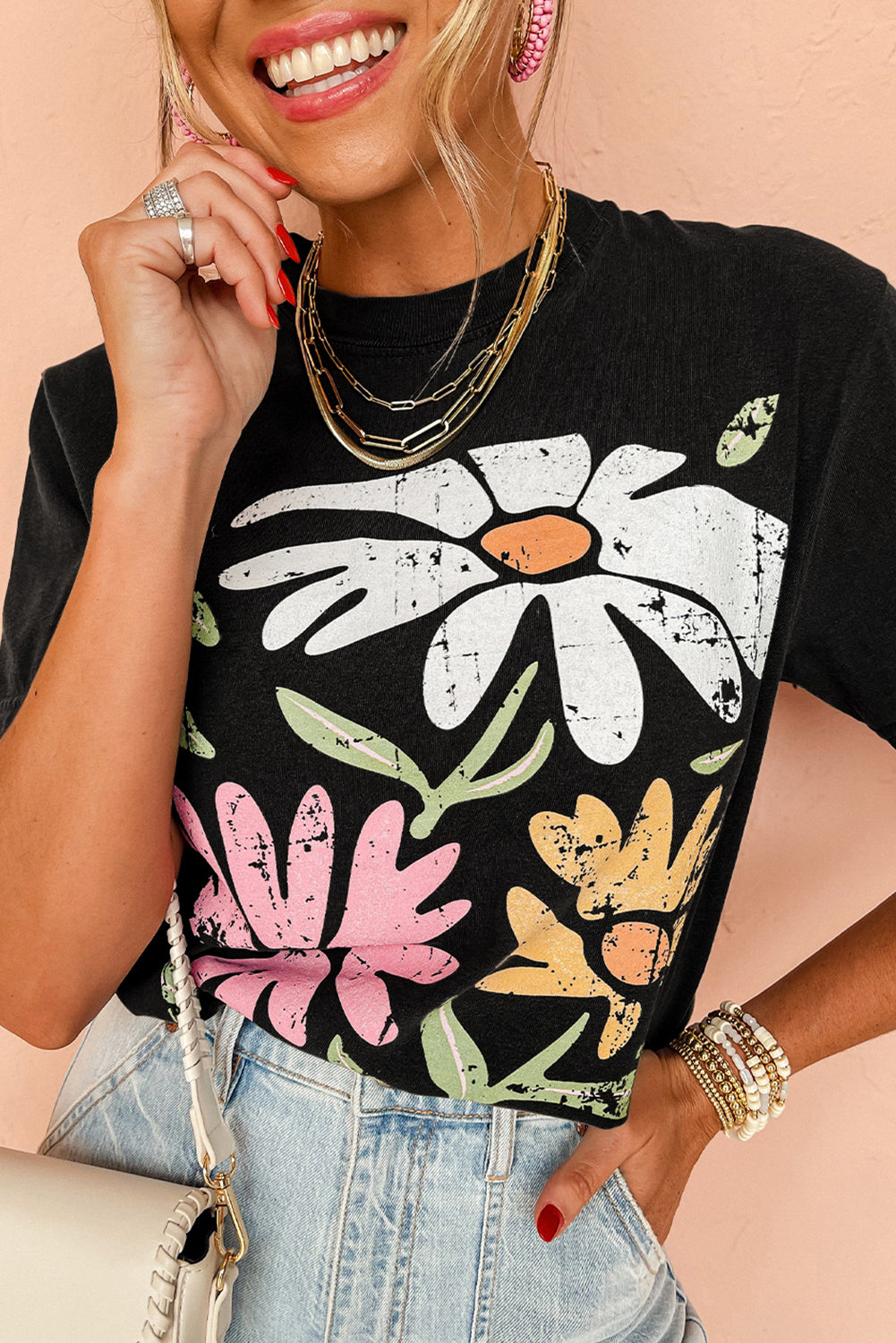 Black Casual Retro Floral Graphic Crew Neck T Shirt Graphic Tees aaeba9a20808f7a7