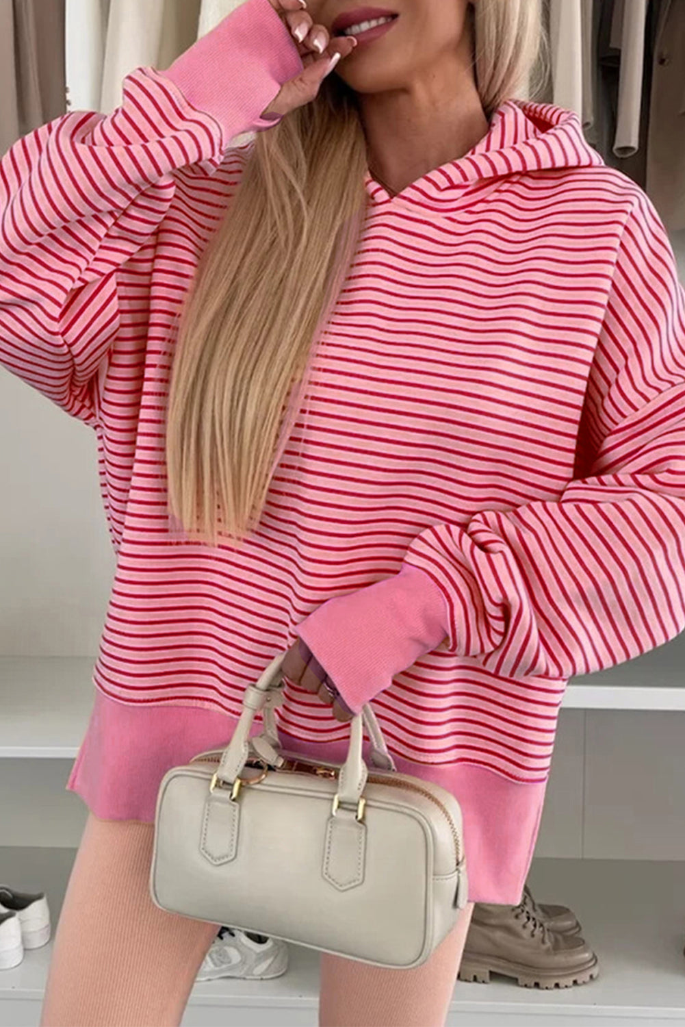 Rose Stripe Thumbhole Side Slits Drop Shoulder Loose Fit Hoodie Sweatshirts & Hoodies aafffd788263307f