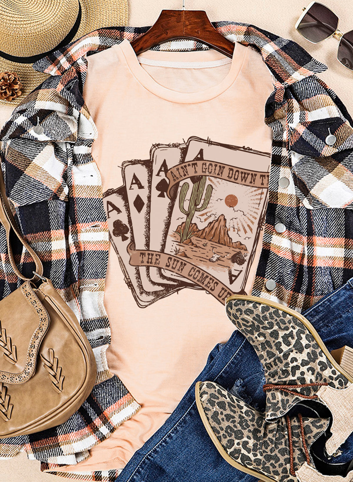 Khaki Western Poker Card Graphic T Shirt Graphic Tees ab0db694376a0a5f