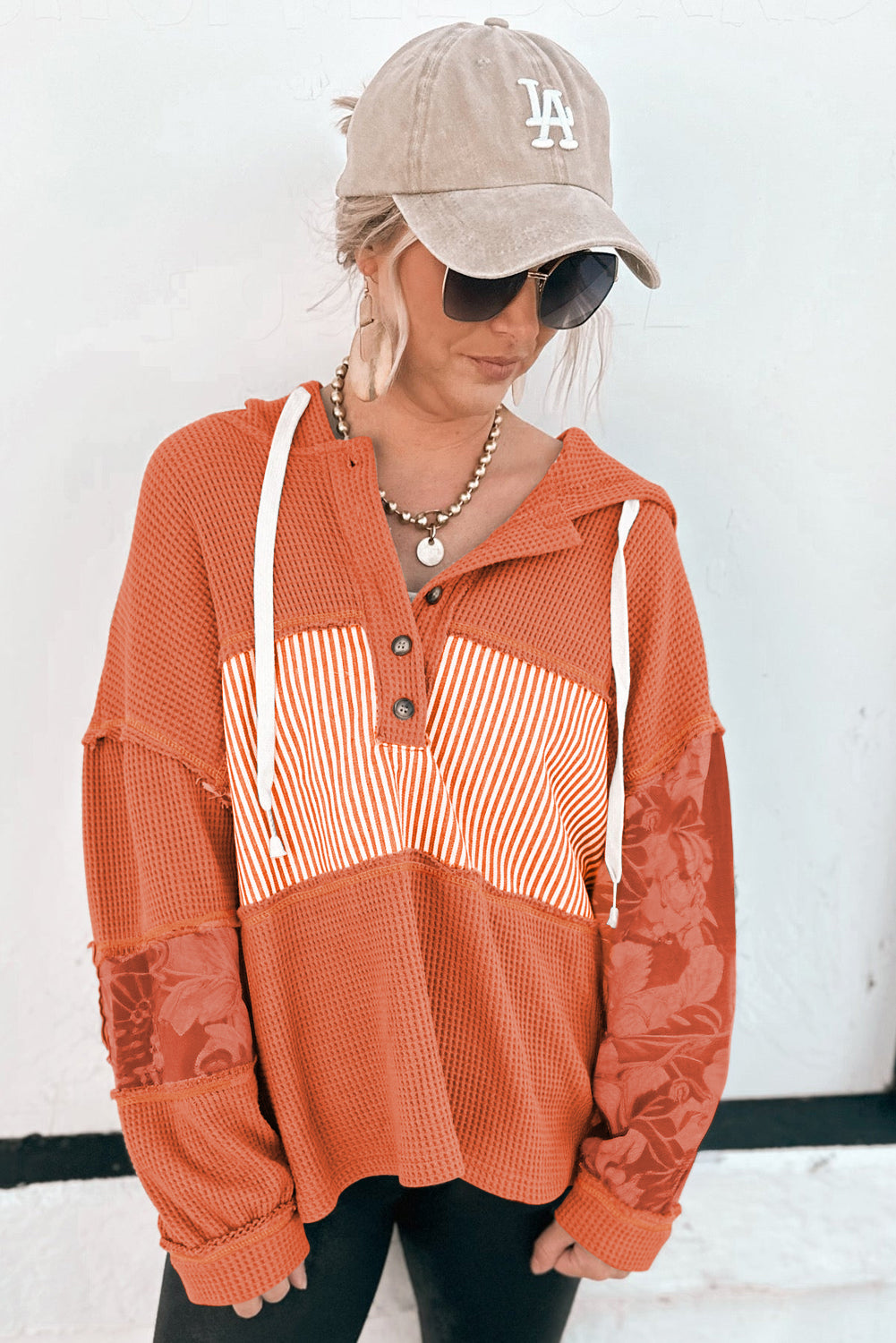 Cinnamon Striped Waffle Patchwork Drawstring Hooded Long Sleeve Top Long Sleeve Tops ab0ebc1358fd9c53