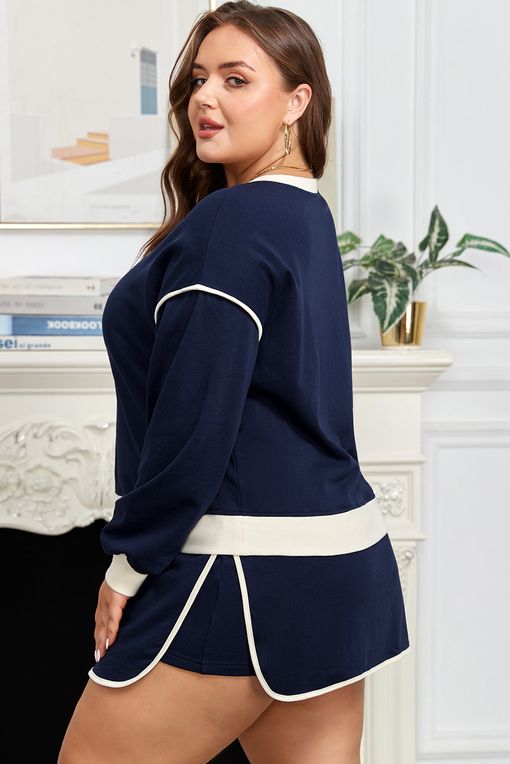 Navy Blue Plus Size Contrast Color Drop Shoulder Top and Mini Skort Outfit Plus Size Matching Sets ab67eb634ab93636