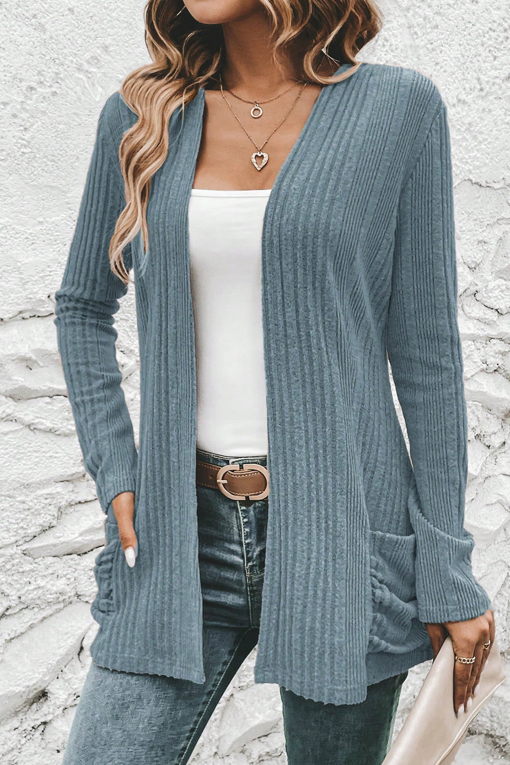 Stone Blue Ribbed Open Front Knitted Top with Pockets Cardigans aba9e2518d87904e