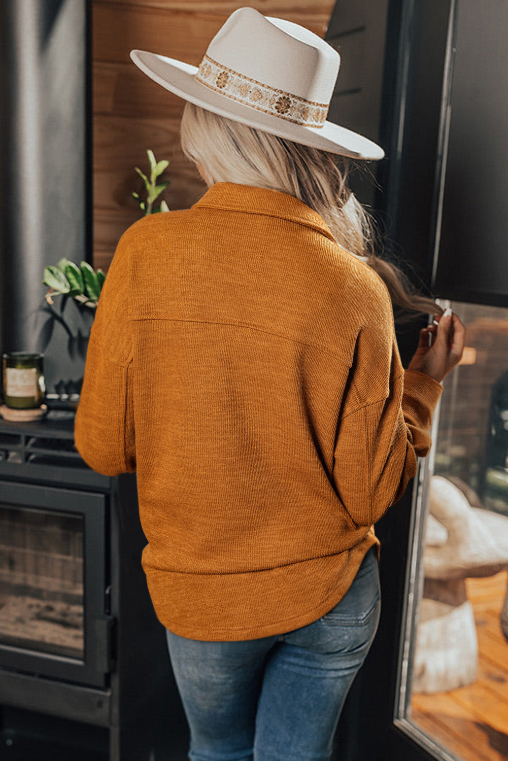 Russet Orange Flap Pocket Textured Knit Solid Color Casual Shacket Jackets ac0b345b49c2a74e