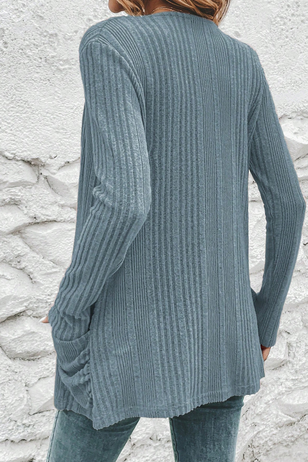 Stone Blue Ribbed Open Front Knitted Top with Pockets Cardigans ac17836afa09431f