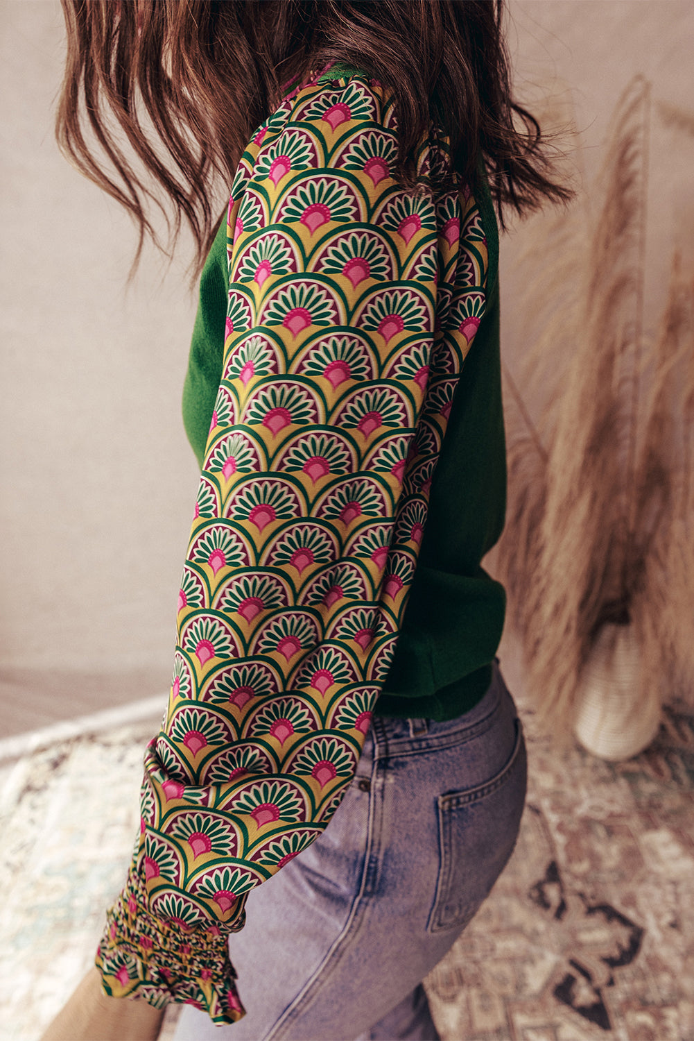 Apricot Floral Patchwork Shirred Cuff Puff Sleeve Sweater Sweaters ac8348b0f4607bb1