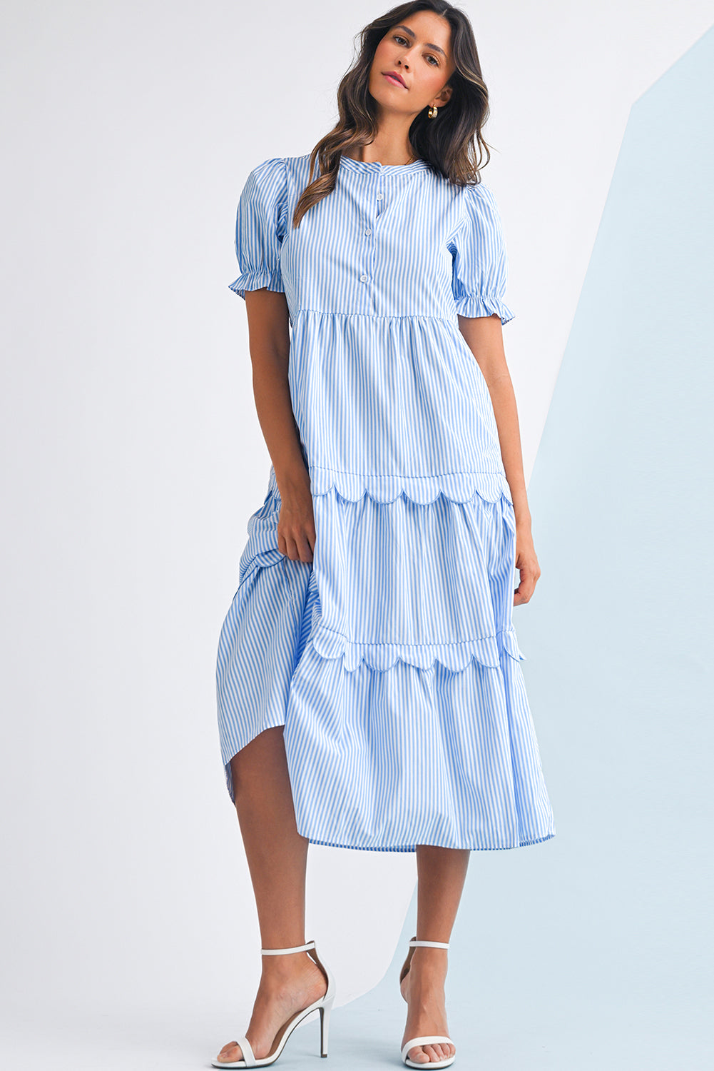 Sky Blue Stripe Bubble Sleeve Scallop Tiered Dress Maxi Dresses aca0af1194df3726