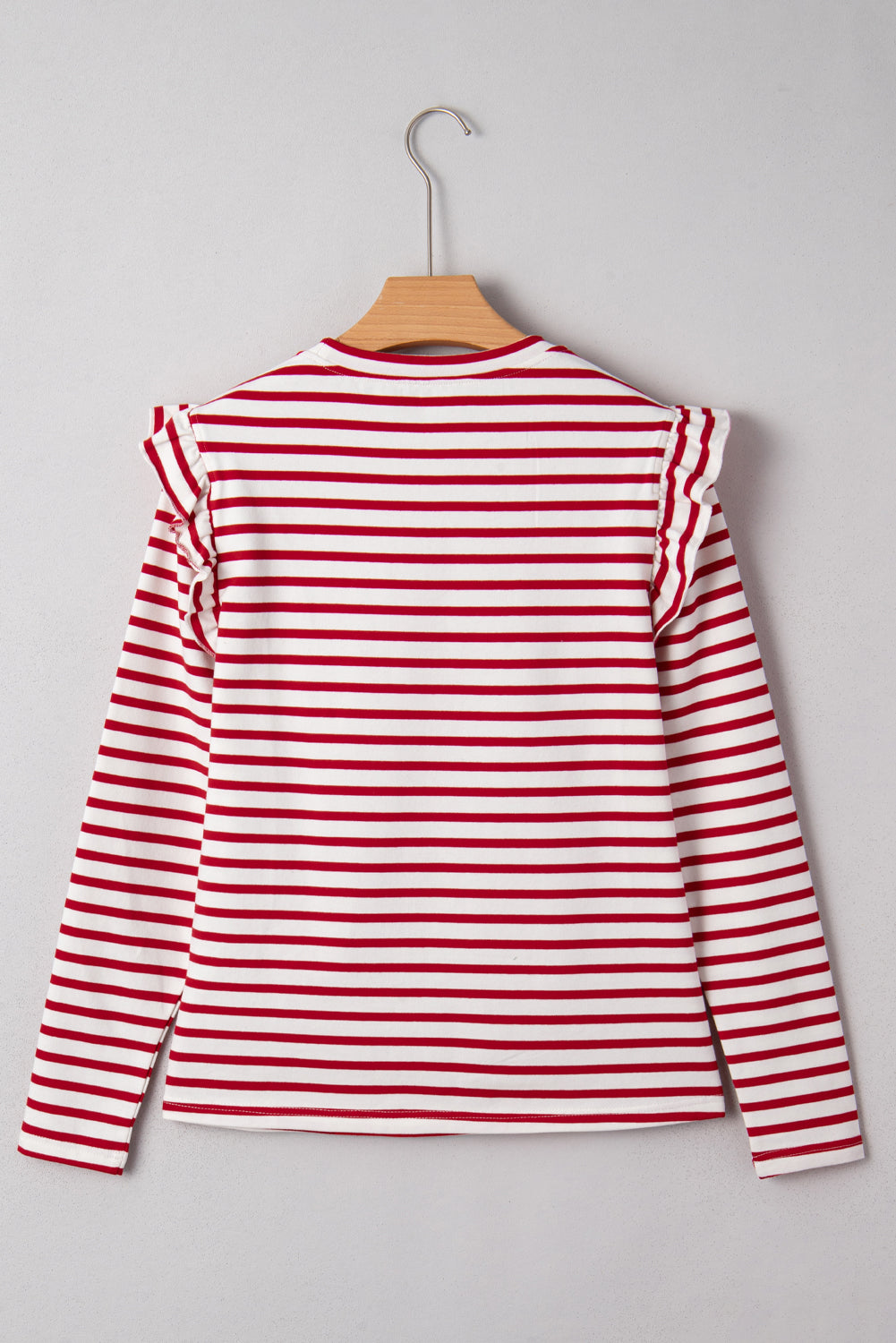 Red Striped Ruffle Shoulder Long Sleeve Top Long Sleeve Tops aca7bc65baa0cd93