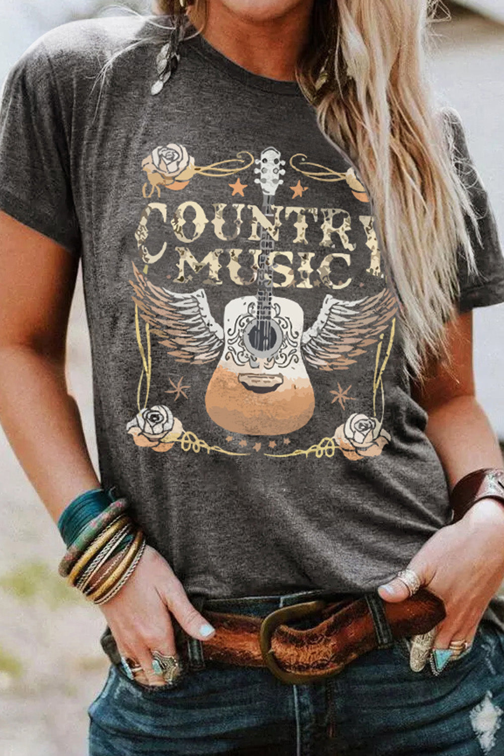 Gray COUNTRY MUSIC Guitar Graphic Print Crew Neck T Shirt Graphic Tees acaf9389f9764b82