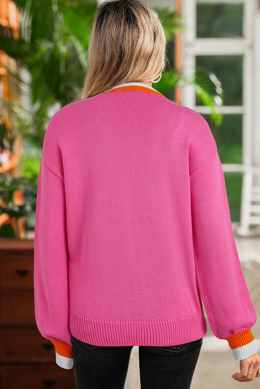 Sachet Pink Contrast Collar Pearl Decor Sweater Sweaters ad2f35df01970bbb