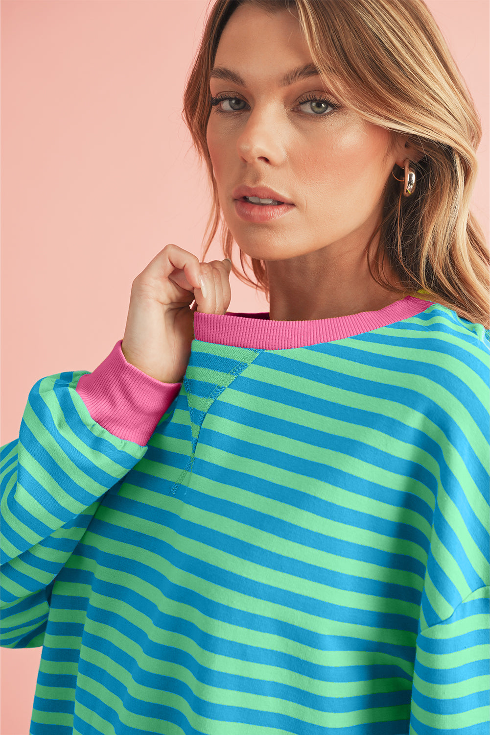 Blue Stripe Contrast Edge Cross Seam Oversized Pullover Sweatshirts & Hoodies ad42b499815ec1e9