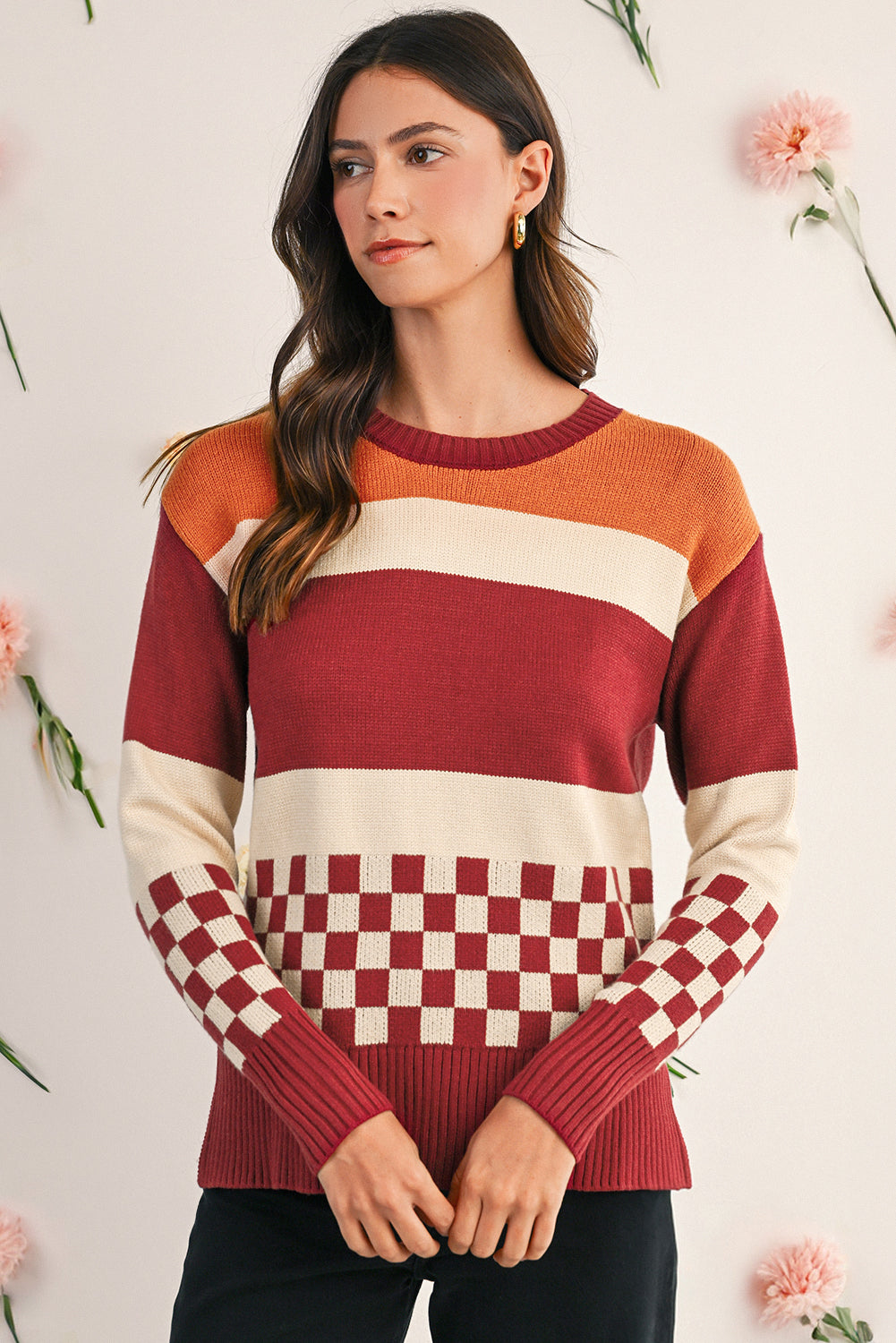 Brown Checkered Colorblock Knitted Drop Shoulder Sweater Sweaters ad49496d8788c170