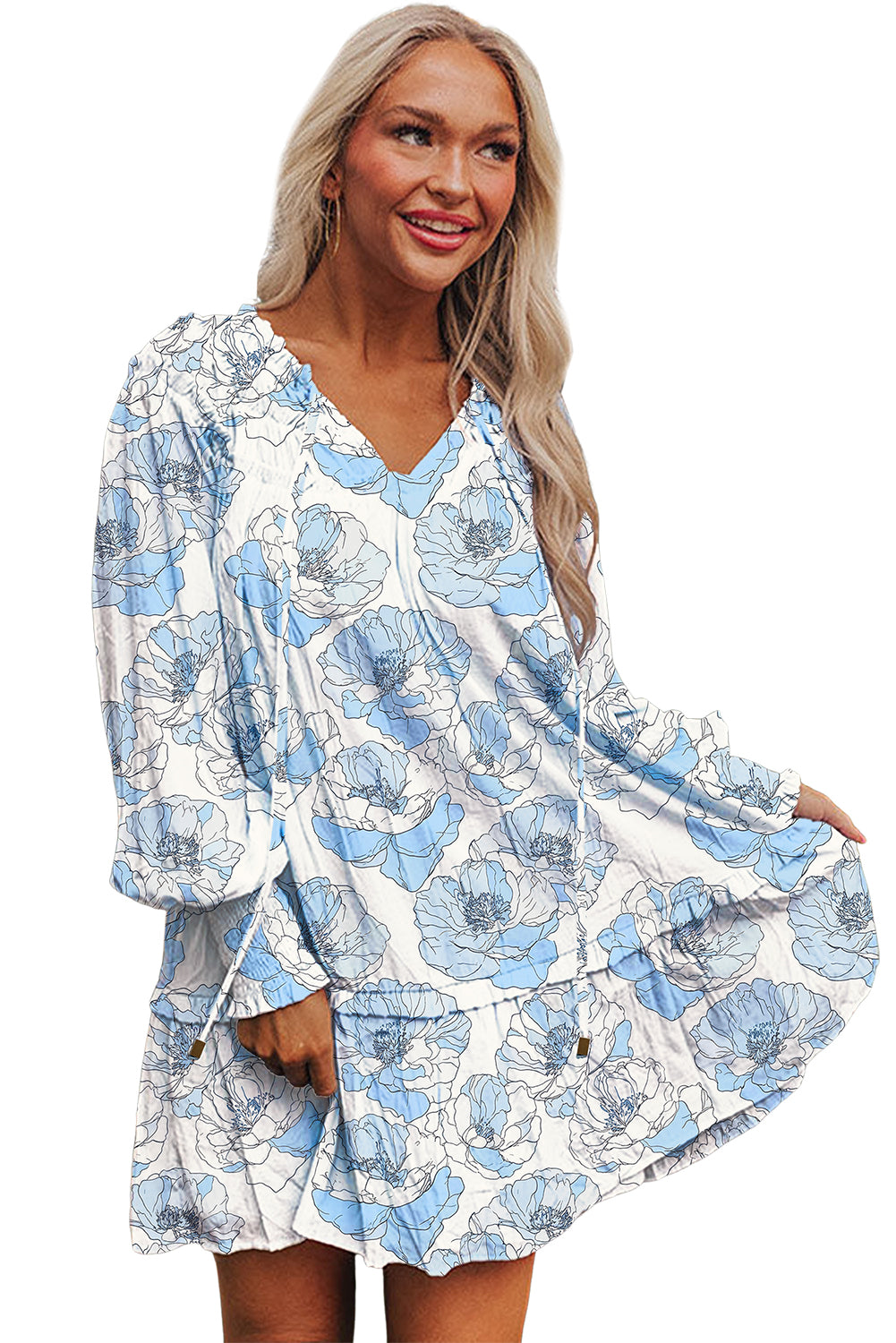 Sky Blue Floral Print Tie Neck Long Sleeve Flowy Mini Dress Short Dresses ad90906e3879e76c