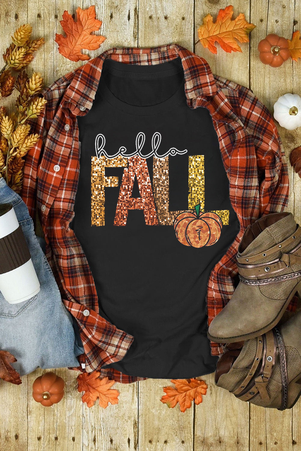 Black Hello Fall Letter Pumpkin Heat Transfer Printing T Shirt Graphic Tees ada11cffffa5f19f