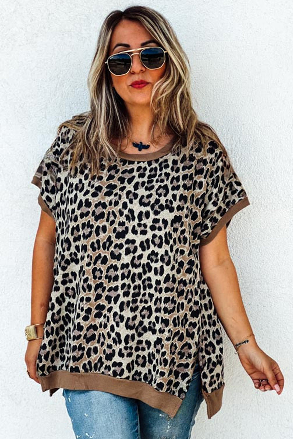 Khaki Leopard Contrast Trim Short Sleeve Loose Plus Size Top Plus Size Tops ada35fa2aa689802